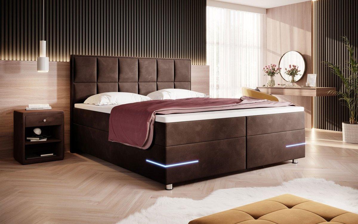 Luxuriöses Samt Boxspringbett Lea mit Integrierter LED-Beleuchtung für Optimalen Schlafkomfort