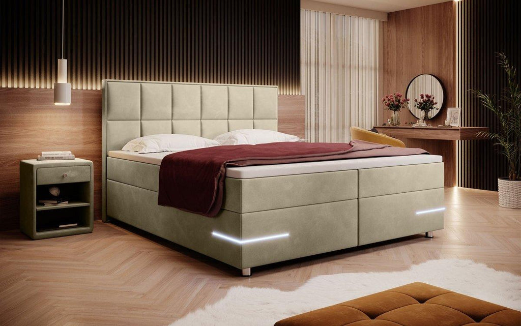 Luxuriöses Samt Boxspringbett Lea mit Integrierter LED-Beleuchtung für Optimalen Schlafkomfort