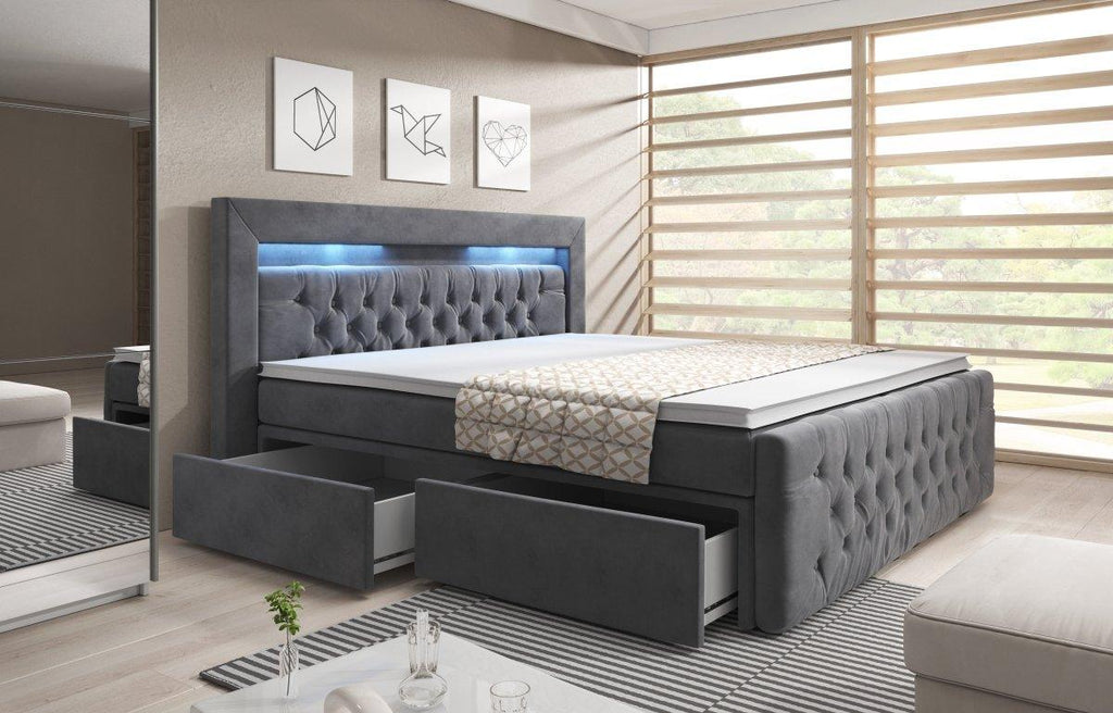 Luxuriöses Samt Boxspringbett Menzogna mit LED-Beleuchtung und Praktischem Stauraum
