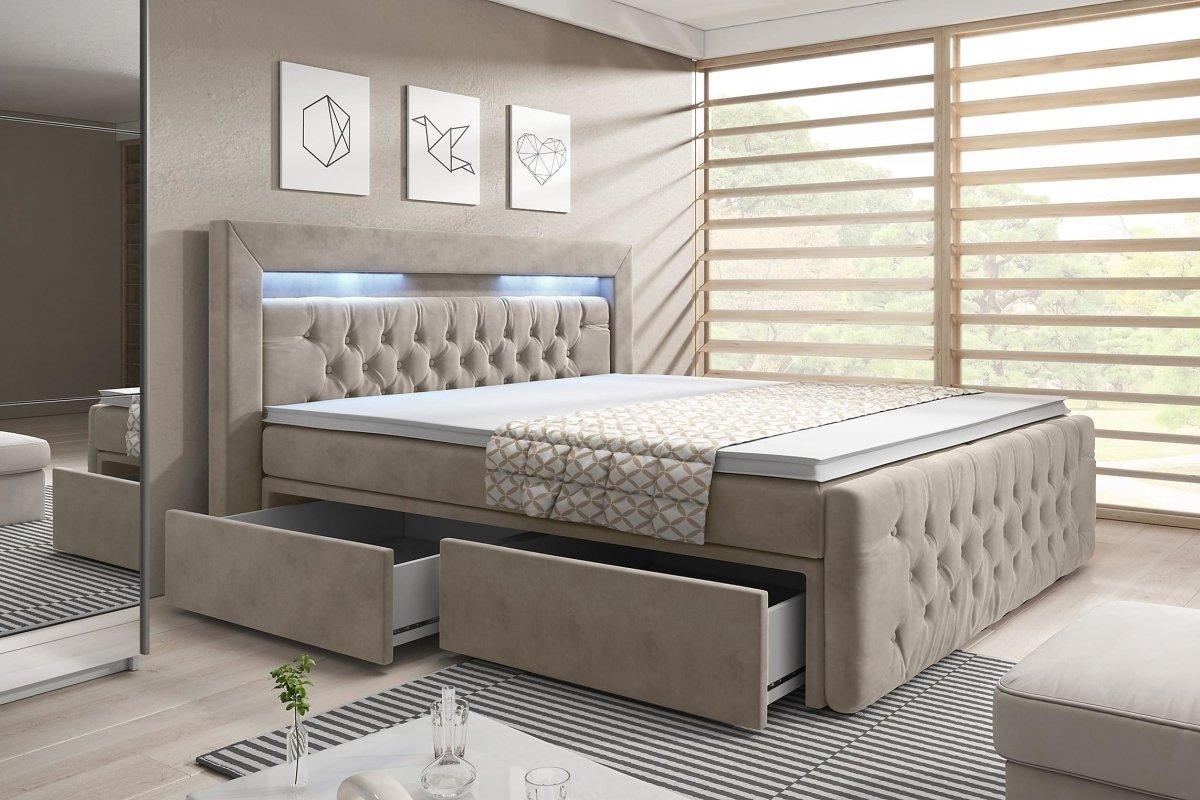 Luxuriöses Samt Boxspringbett Menzogna mit LED-Beleuchtung und Praktischem Stauraum