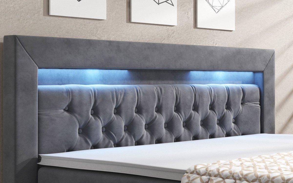 Luxuriöses Samt Boxspringbett Menzogna mit LED-Beleuchtung und Praktischem Stauraum