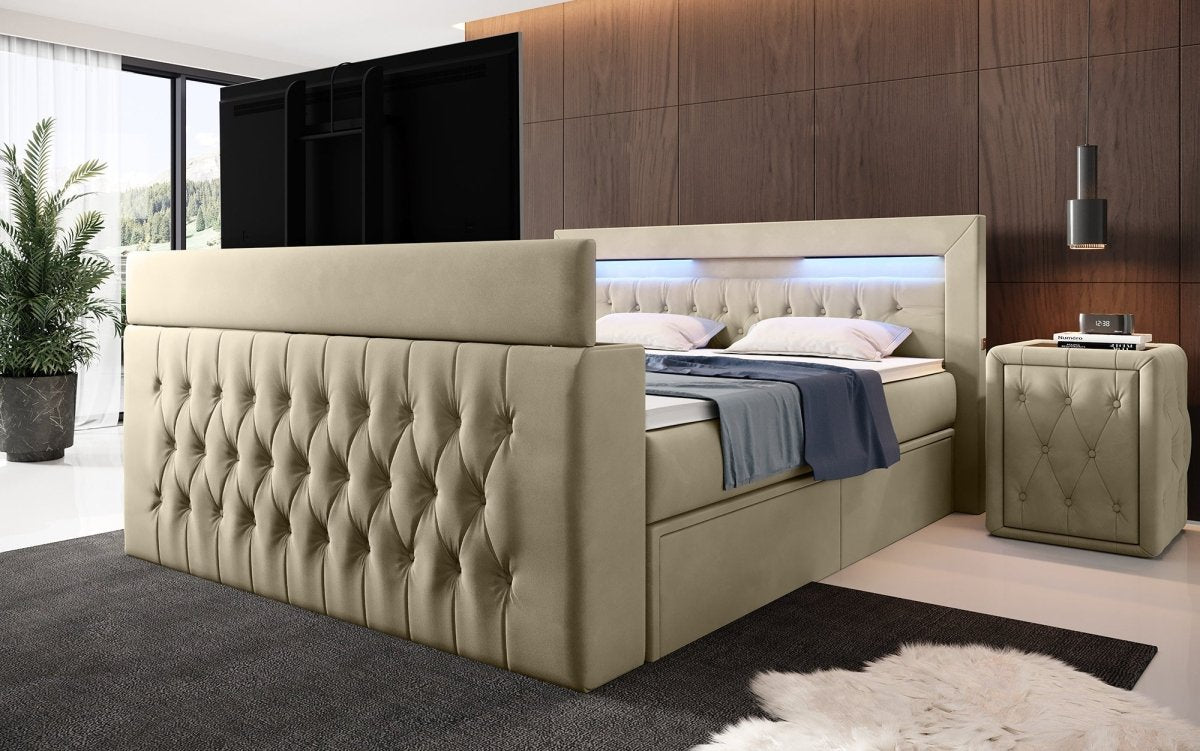 Luxuriöses Boxspringbett Menzogna: TV-Lift, USB, Stauraum für modernes Schlafzimmer