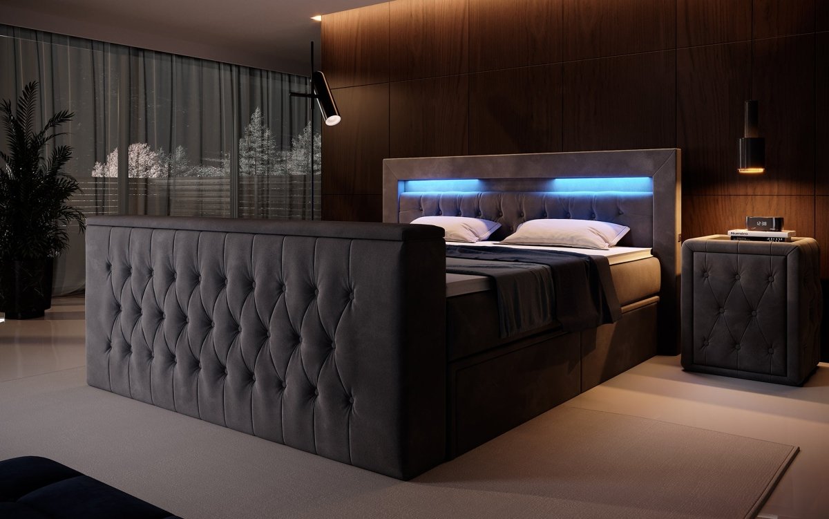 Luxuriöses Boxspringbett Menzogna: TV-Lift, USB, Stauraum für modernes Schlafzimmer