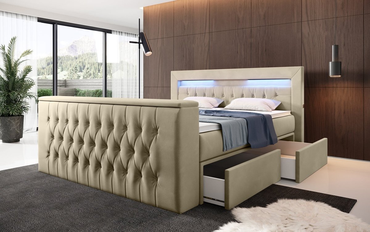 Luxuriöses Boxspringbett Menzogna: TV-Lift, USB, Stauraum für modernes Schlafzimmer