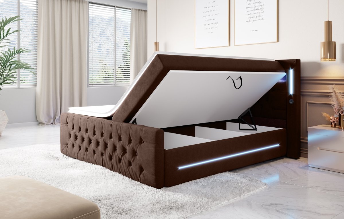 Luxuriöses Boxspringbett Moonlight mit LED, USB-Anschlüssen, Stauraum und Samtbezug