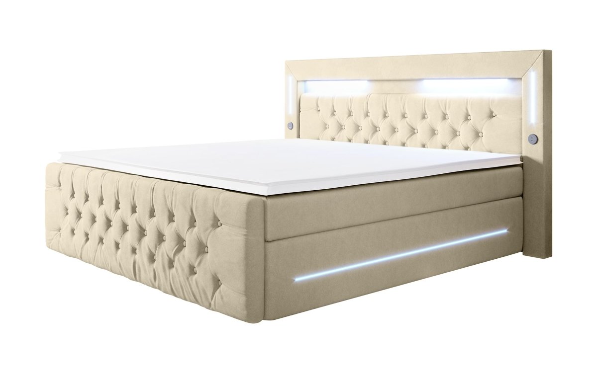 Luxuriöses Boxspringbett Moonlight mit LED, USB-Anschlüssen, Stauraum und Samtbezug