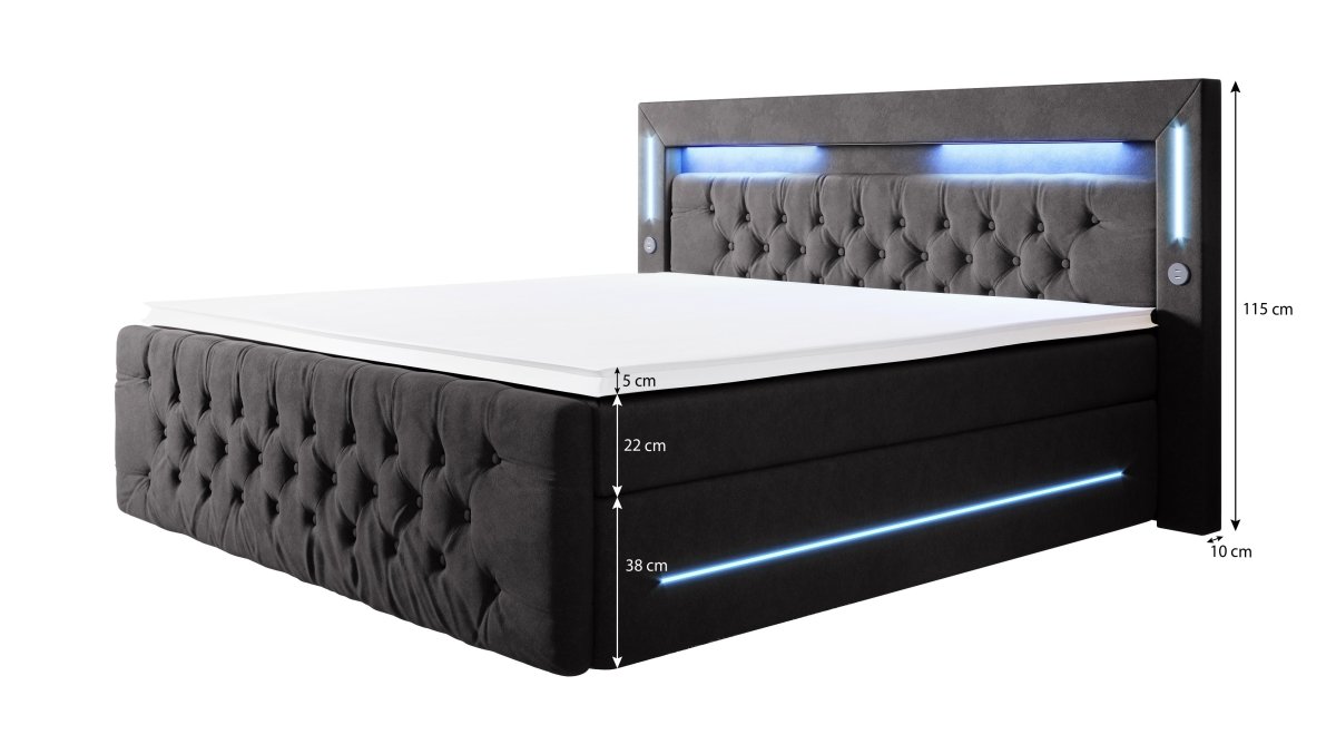 Luxuriöses Boxspringbett Moonlight mit LED, USB-Anschlüssen, Stauraum und Samtbezug