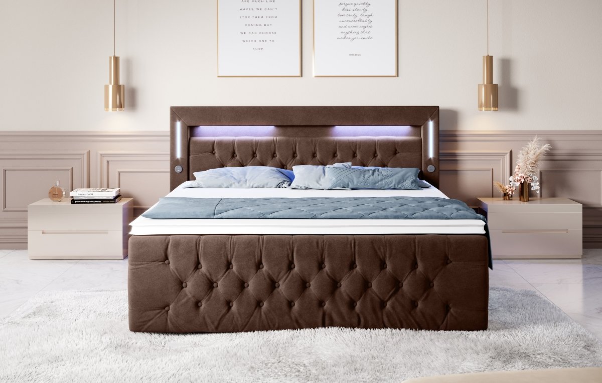 Luxuriöses Boxspringbett Moonlight mit LED, USB-Anschlüssen, Stauraum und Samtbezug