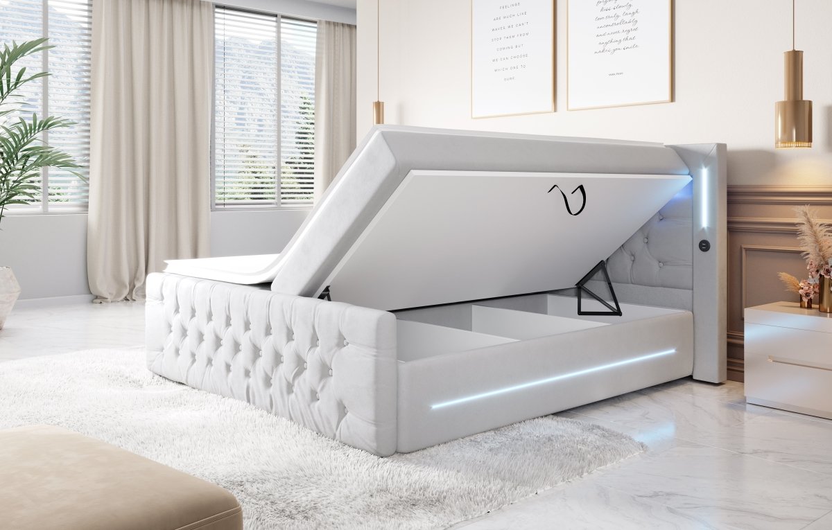 Luxuriöses Boxspringbett Moonlight mit LED, USB-Anschlüssen, Stauraum und Samtbezug