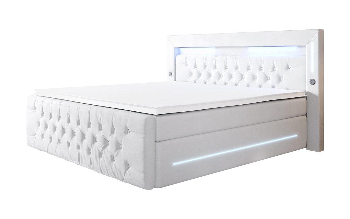 Luxuriöses Boxspringbett Moonlight mit LED, USB-Anschlüssen, Stauraum und Samtbezug