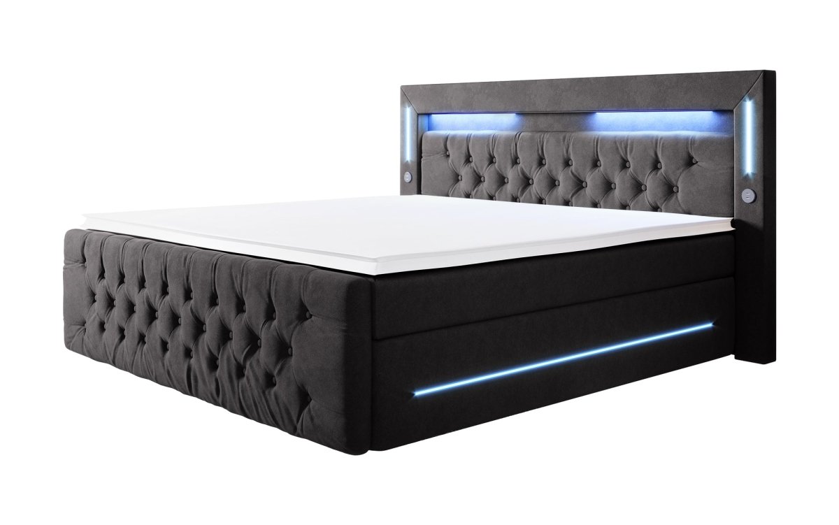 Luxuriöses Boxspringbett Moonlight mit LED, USB-Anschlüssen, Stauraum und Samtbezug