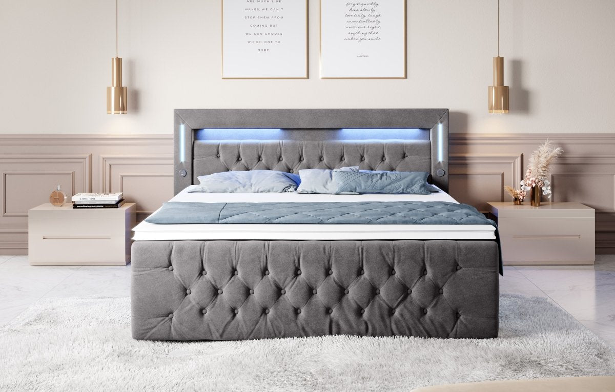 Luxuriöses Boxspringbett Moonlight mit LED, USB-Anschlüssen, Stauraum und Samtbezug