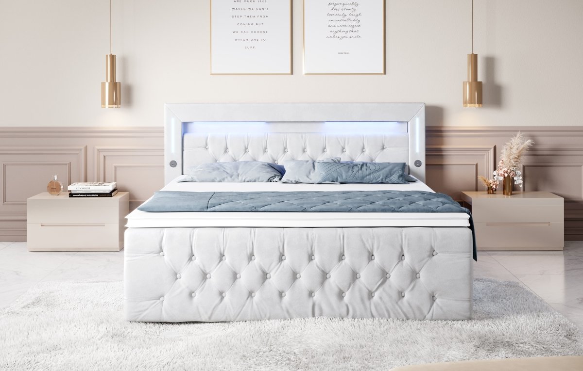 Luxuriöses Boxspringbett Moonlight mit LED, USB-Anschlüssen, Stauraum und Samtbezug