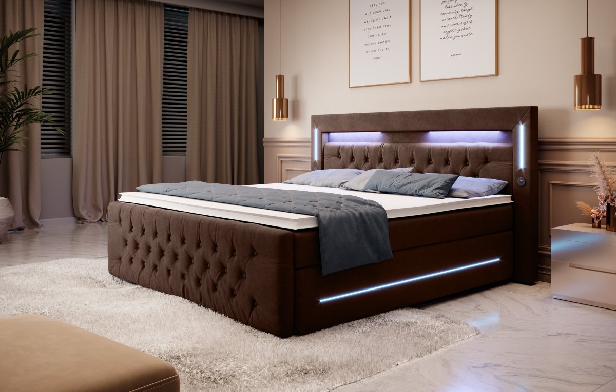 Luxuriöses Boxspringbett Moonlight mit LED, USB-Anschlüssen, Stauraum und Samtbezug