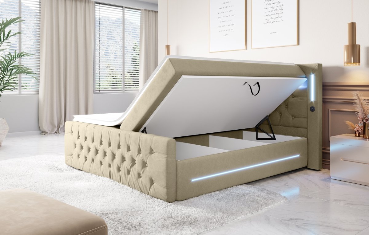 Luxuriöses Boxspringbett Moonlight mit LED, USB-Anschlüssen, Stauraum und Samtbezug
