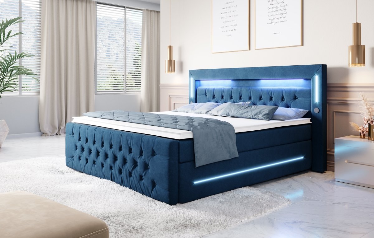 Luxuriöses Boxspringbett Moonlight mit LED, USB-Anschlüssen, Stauraum und Samtbezug