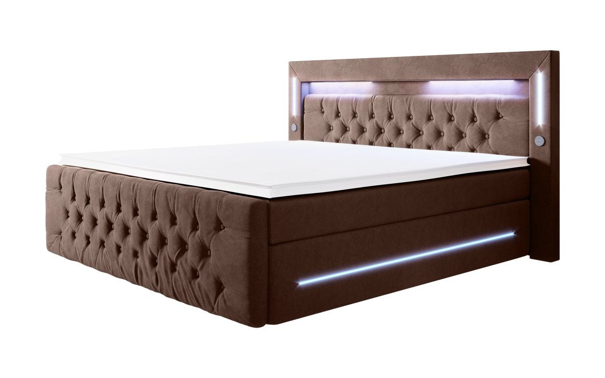Luxuriöses Boxspringbett Moonlight mit LED, USB-Anschlüssen, Stauraum und Samtbezug