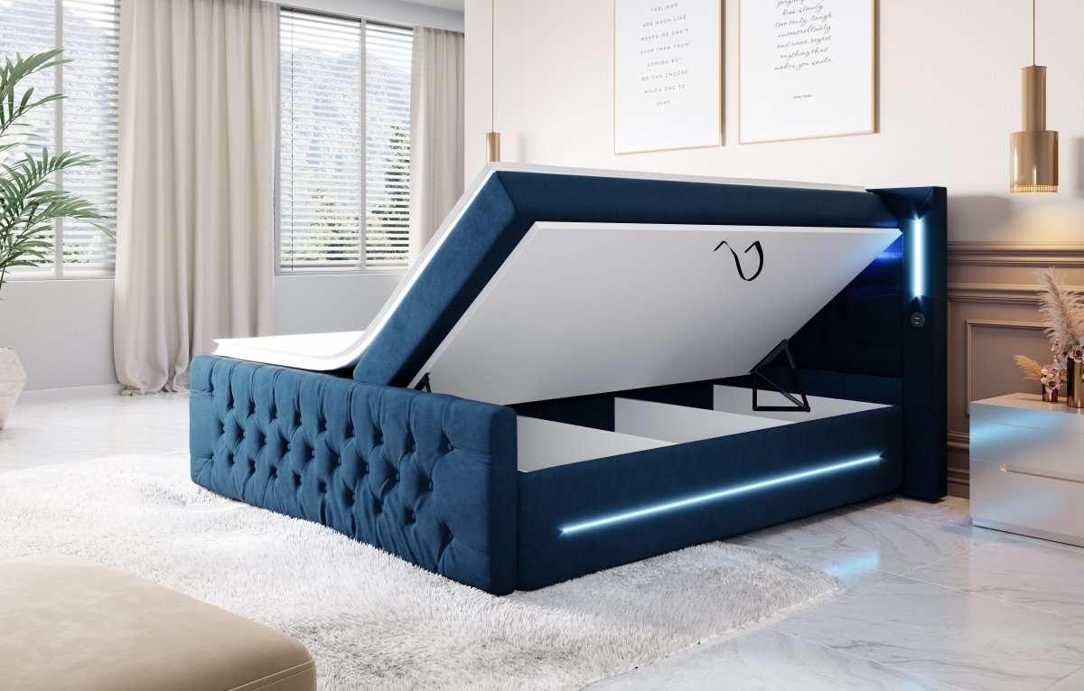 Luxuriöses Boxspringbett Moonlight mit LED, USB-Anschlüssen, Stauraum und Samtbezug