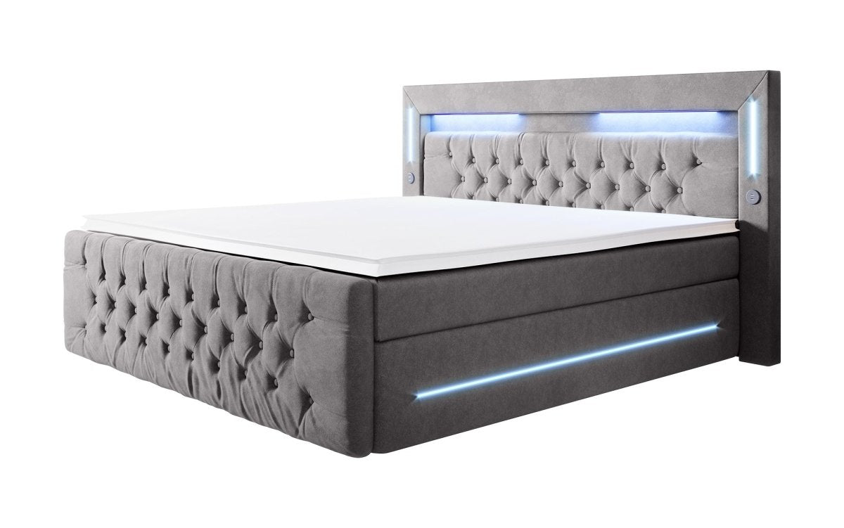 Luxuriöses Boxspringbett Moonlight mit LED, USB-Anschlüssen, Stauraum und Samtbezug