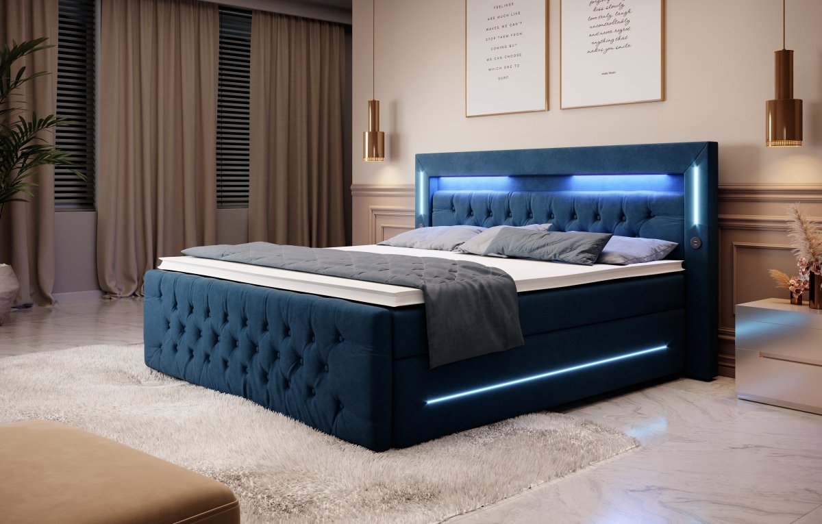 Luxuriöses Boxspringbett Moonlight mit LED, USB-Anschlüssen, Stauraum und Samtbezug