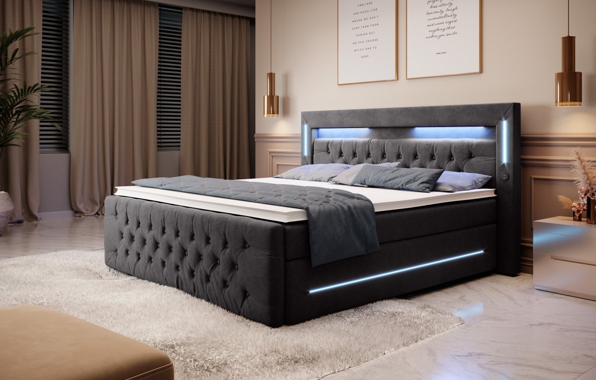 Luxuriöses Boxspringbett Moonlight mit LED, USB-Anschlüssen, Stauraum und Samtbezug