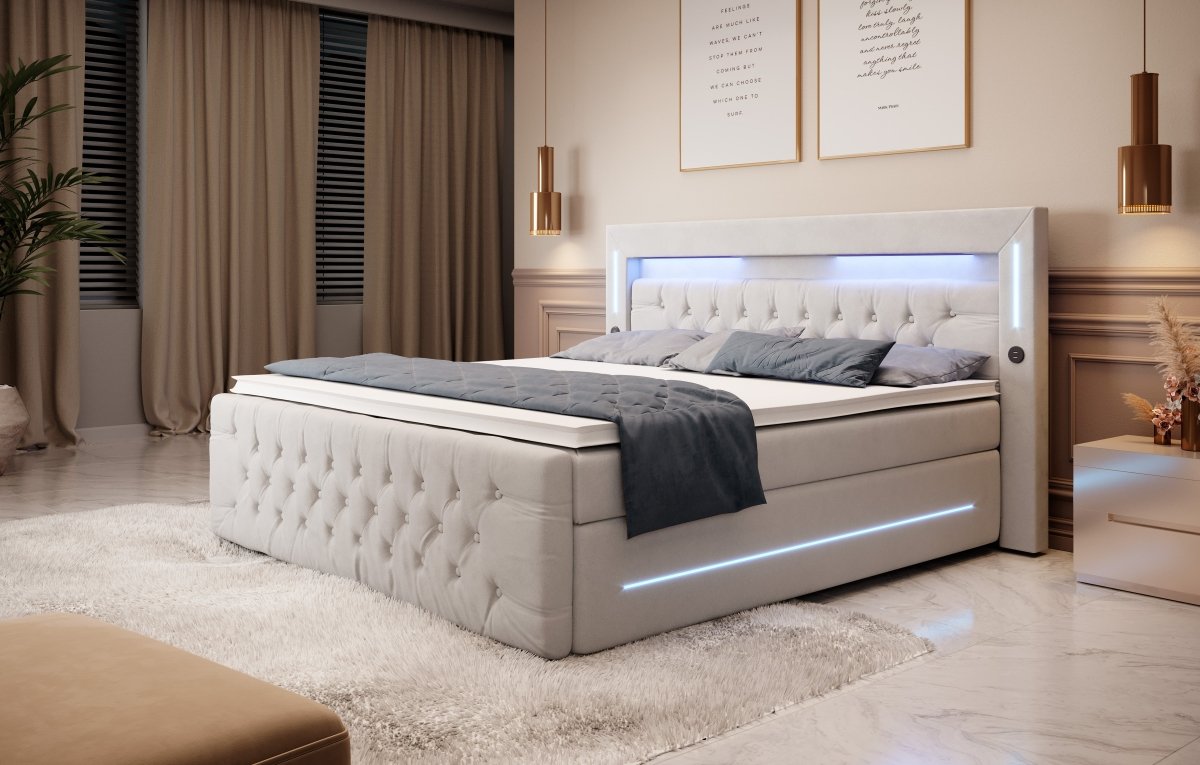 Luxuriöses Boxspringbett Moonlight mit LED, USB-Anschlüssen, Stauraum und Samtbezug