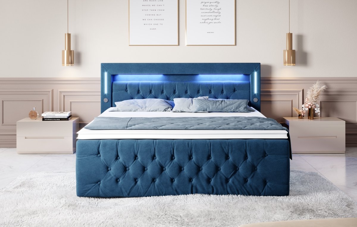 Luxuriöses Boxspringbett Moonlight mit LED, USB-Anschlüssen, Stauraum und Samtbezug
