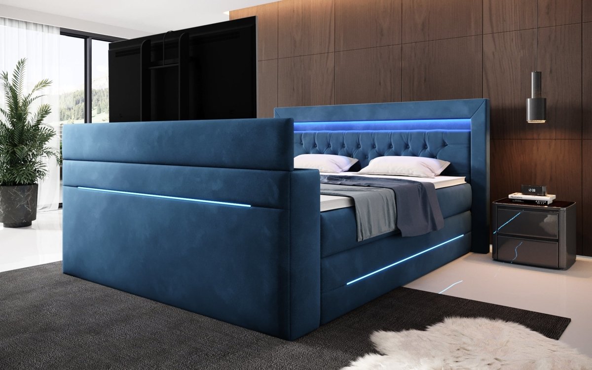 Boxspringbett Neptun mit TV Lift LED RGB Beleuchtung 9 Größen 7 Farben