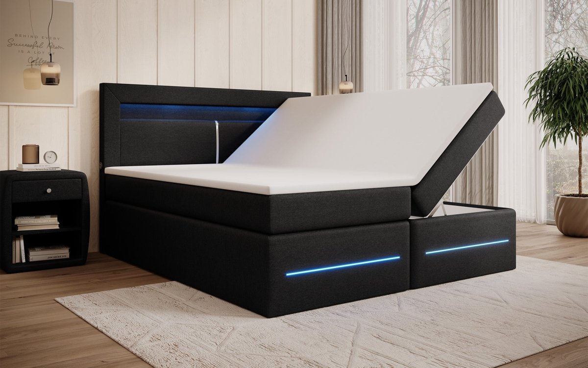 Exklusives Boxspringbett Nera: LED, USB, Stauraum – Ihr Schlafparadies