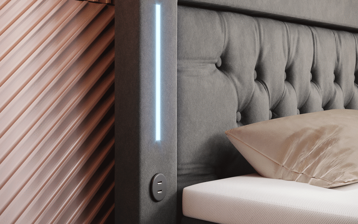 Luxus Boxspringbett Paradise: LED, USB, Samt-Designbett mit Füßen für Komfort