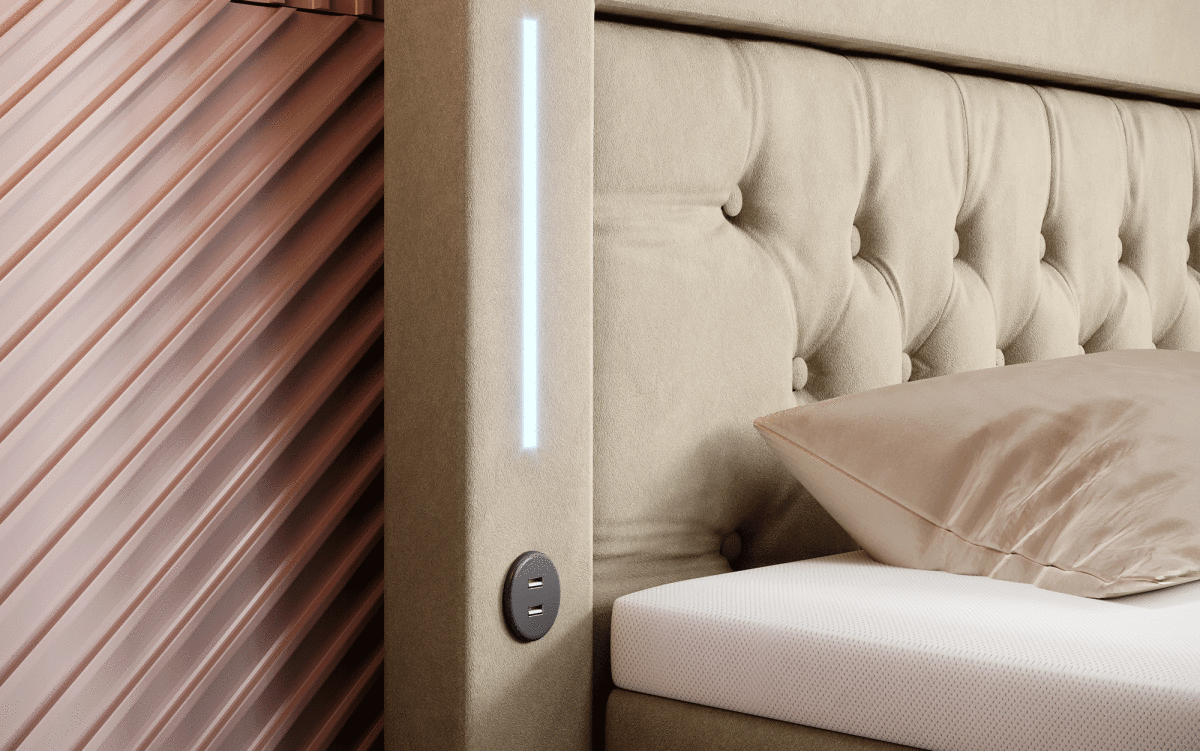 Luxus Boxspringbett Paradise: LED, USB, Samt-Designbett mit Füßen für Komfort