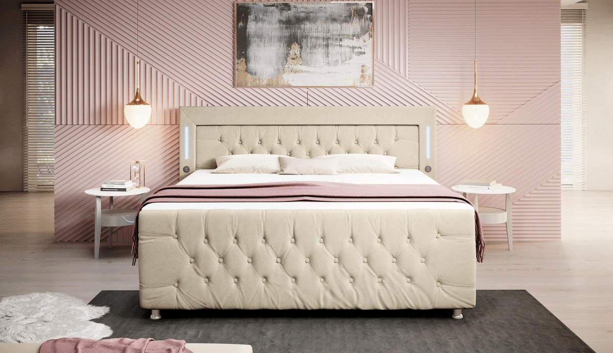 Luxus Boxspringbett Paradise: LED, USB, Samt-Designbett mit Füßen für Komfort