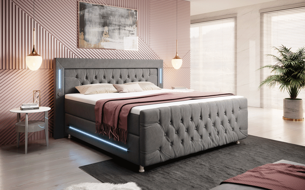 Luxus Boxspringbett Paradise: LED, USB, Samt-Designbett mit Füßen für Komfort