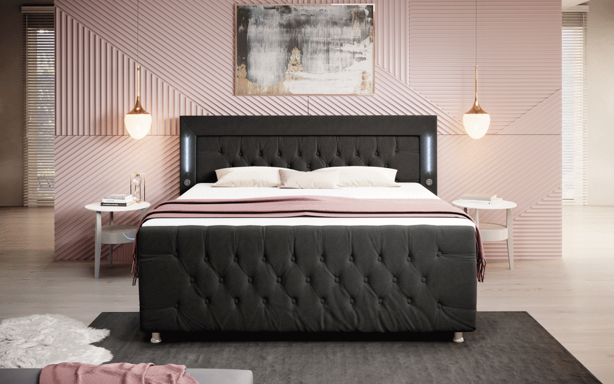 Luxus Boxspringbett Paradise: LED, USB, Samt-Designbett mit Füßen für Komfort