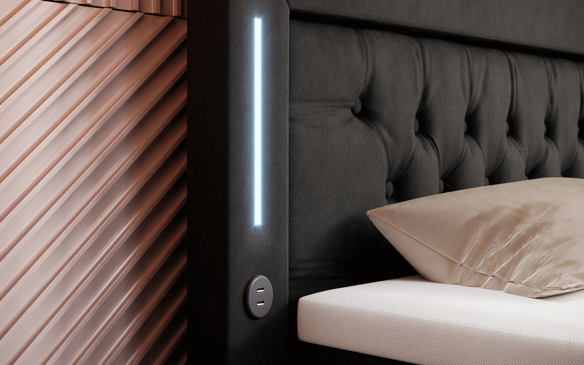 Luxus Boxspringbett Paradise: LED, USB, Samt-Designbett mit Füßen für Komfort