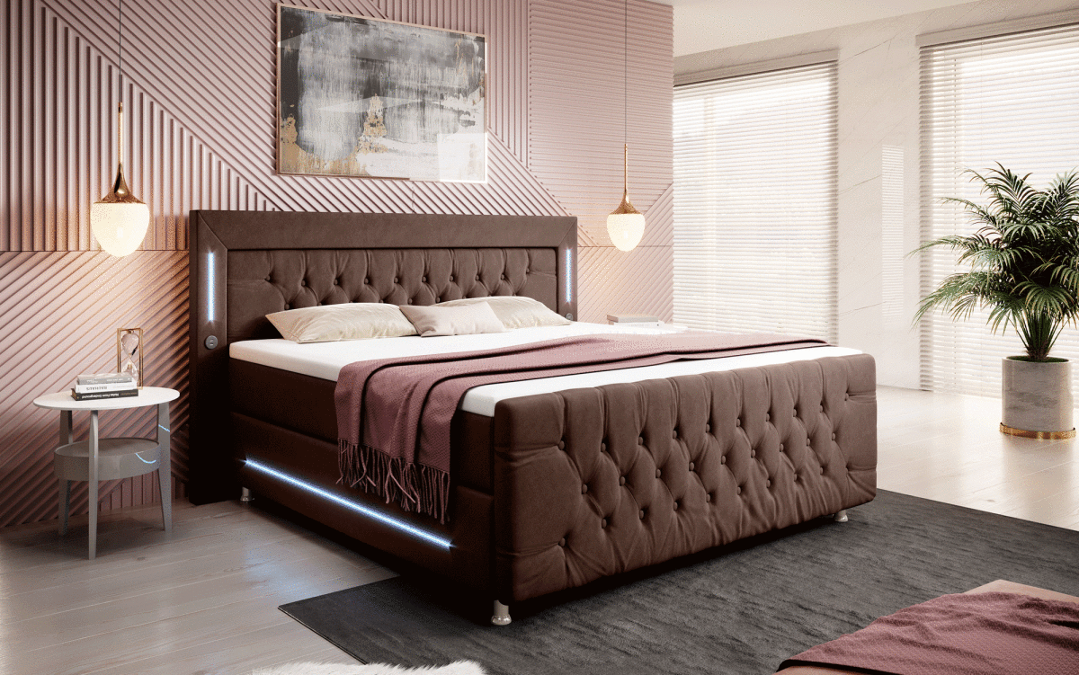 Luxus Boxspringbett Paradise: LED, USB, Samt-Designbett mit Füßen für Komfort