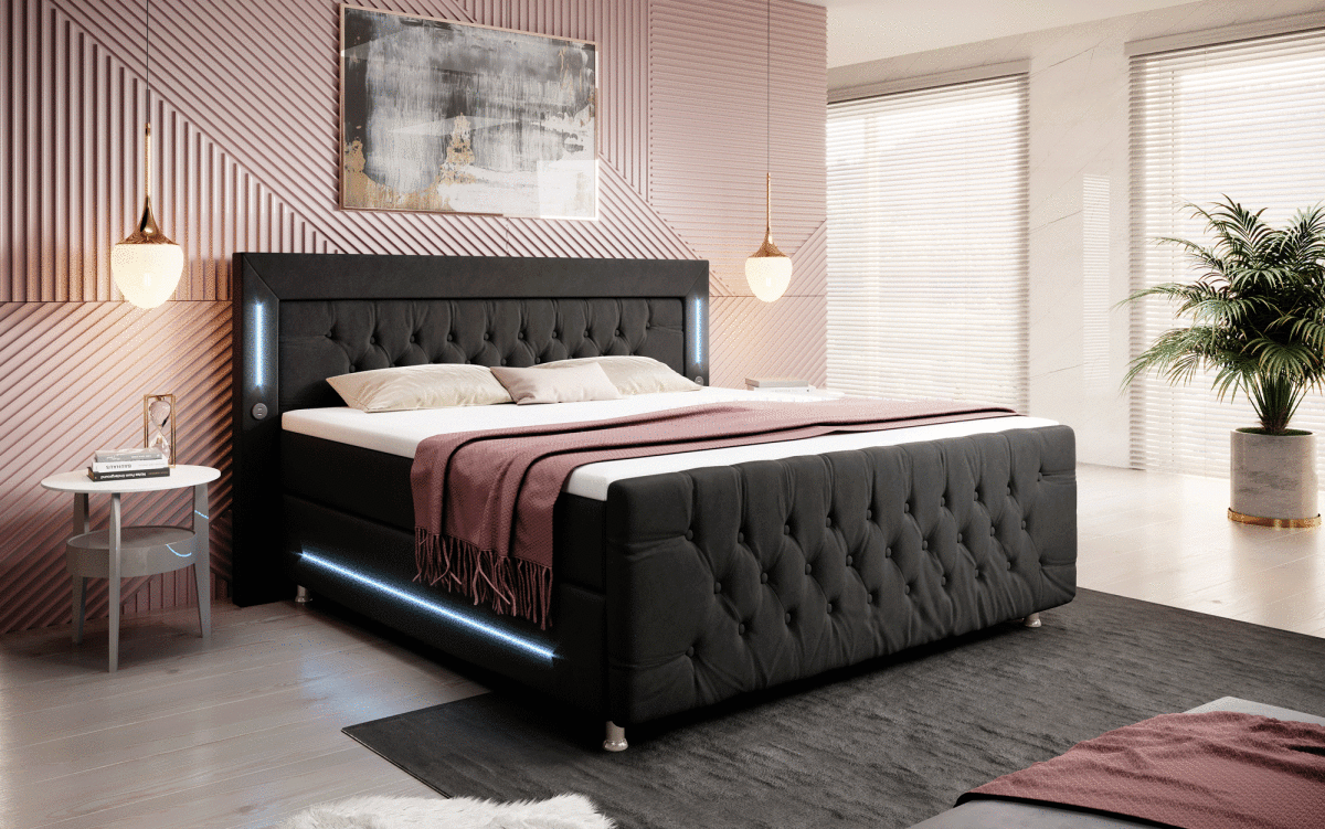 Luxus Boxspringbett Paradise: LED, USB, Samt-Designbett mit Füßen für Komfort