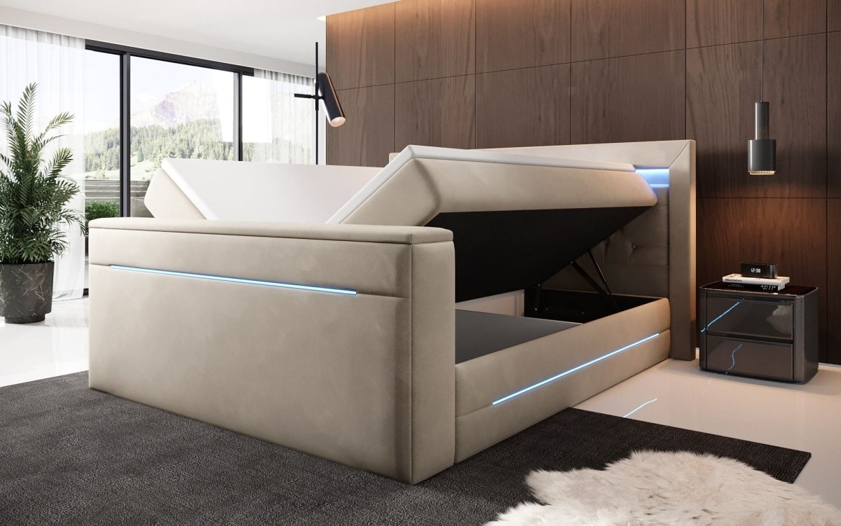 Luxuriöses Boxspringbett Pluto mit Integriertem TV-Lift, RGB-Beleuchtung und Stauraum