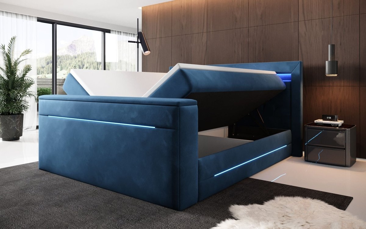 Luxuriöses Boxspringbett Pluto mit Integriertem TV-Lift, RGB-Beleuchtung und Stauraum