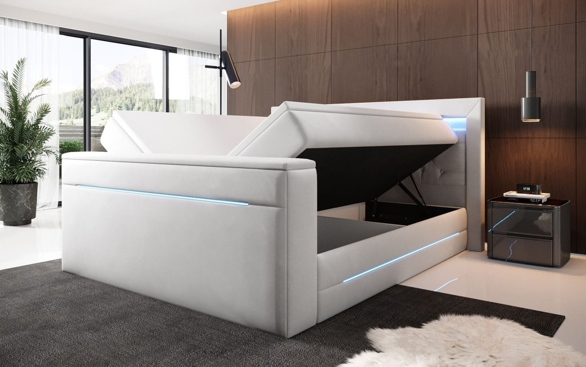 Luxuriöses Boxspringbett Pluto mit Integriertem TV-Lift, RGB-Beleuchtung und Stauraum