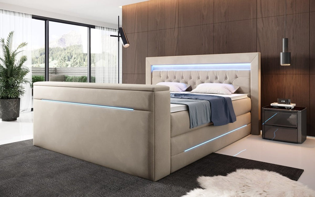 Luxuriöses Boxspringbett Pluto mit Integriertem TV-Lift, RGB-Beleuchtung und Stauraum