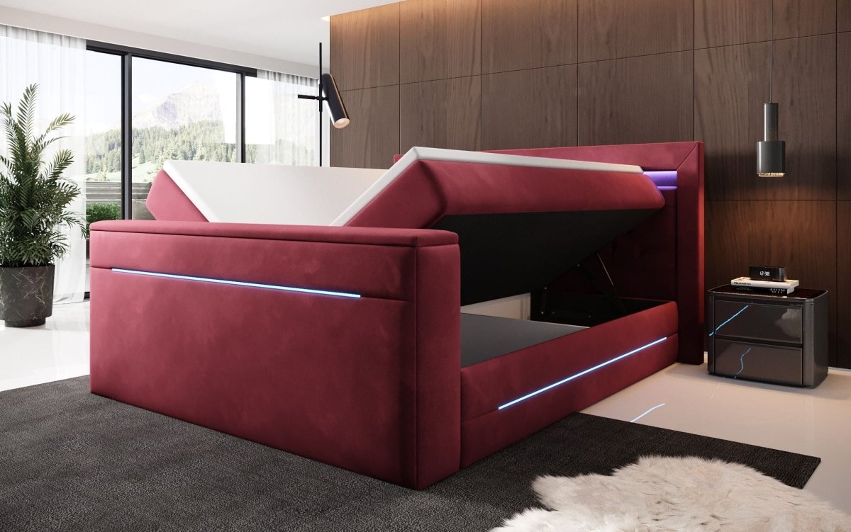Luxuriöses Boxspringbett Pluto mit Integriertem TV-Lift, RGB-Beleuchtung und Stauraum