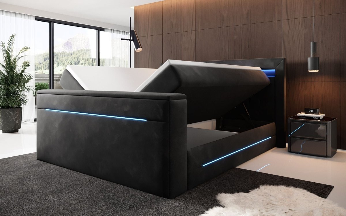 Luxuriöses Boxspringbett Pluto mit Integriertem TV-Lift, RGB-Beleuchtung und Stauraum