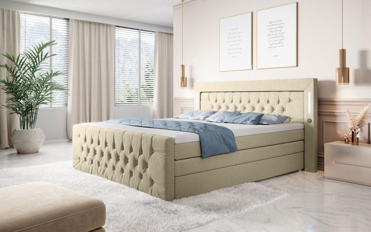 Luxuriöses Boxspringbett Queen mit integrierter LED-Beleuchtung, USB-Anschluss und praktischem Stauraum