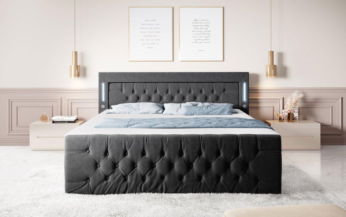 Luxuriöses Boxspringbett Queen mit integrierter LED-Beleuchtung, USB-Anschluss und praktischem Stauraum