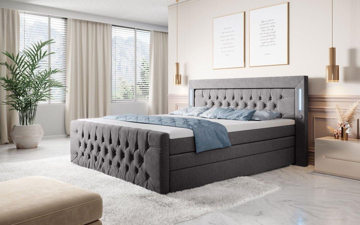 Luxuriöses Boxspringbett Queen mit integrierter LED-Beleuchtung, USB-Anschluss und praktischem Stauraum