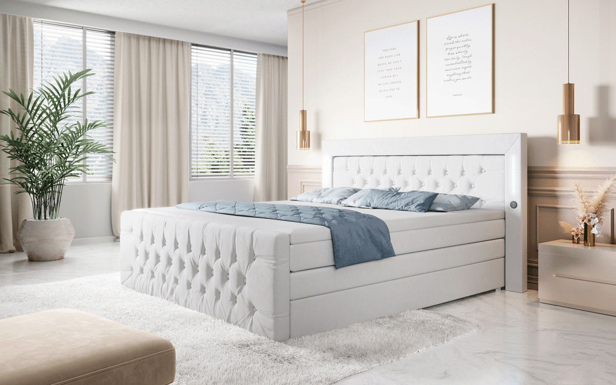 Luxuriöses Boxspringbett Queen mit integrierter LED-Beleuchtung, USB-Anschluss und praktischem Stauraum
