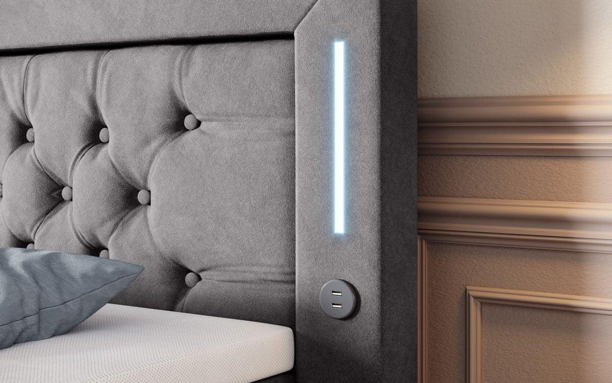 Luxuriöses Boxspringbett Queen mit integrierter LED-Beleuchtung, USB-Anschluss und praktischem Stauraum