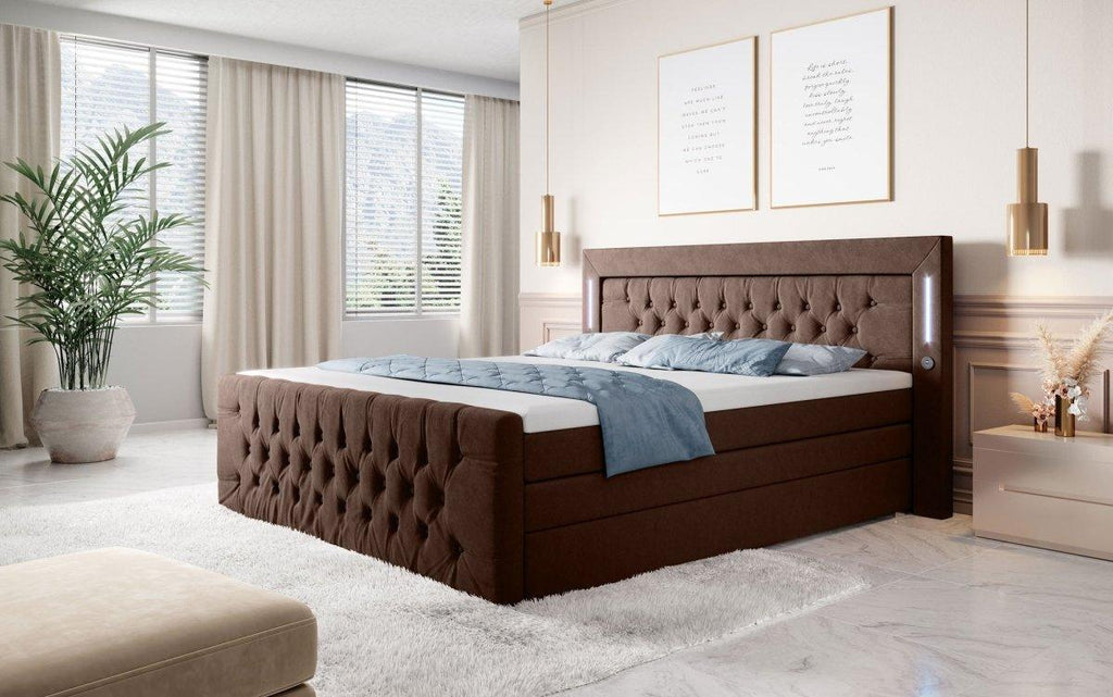 Luxuriöses Boxspringbett Queen mit integrierter LED-Beleuchtung, USB-Anschluss und praktischem Stauraum