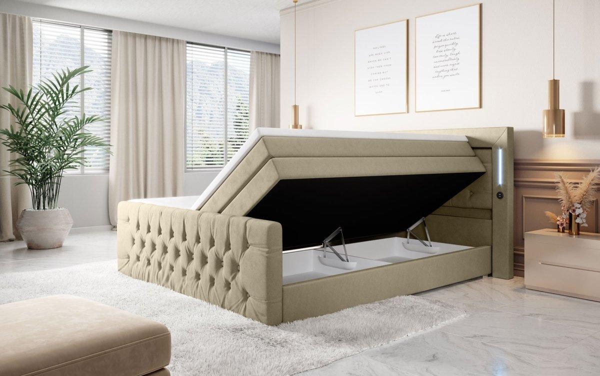 Luxuriöses Boxspringbett Queen mit integrierter LED-Beleuchtung, USB-Anschluss und praktischem Stauraum